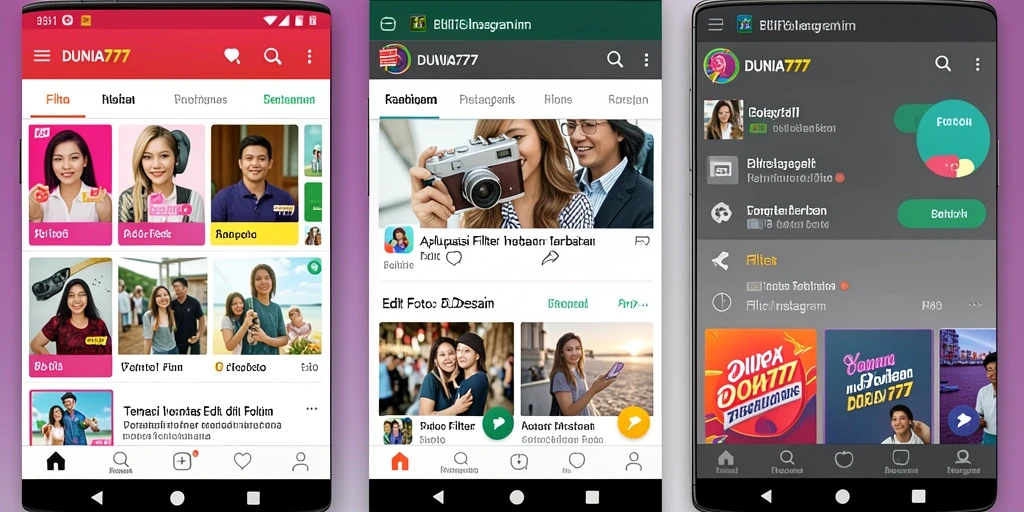Screenshot antarmuka aplikasi DUNIA777 untuk Filter Instagram.